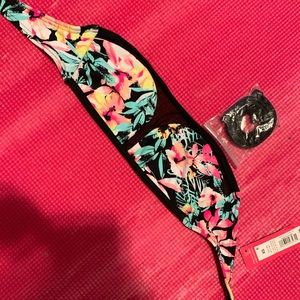 Floral & Mesh Bandeau Bikini Top with Strap